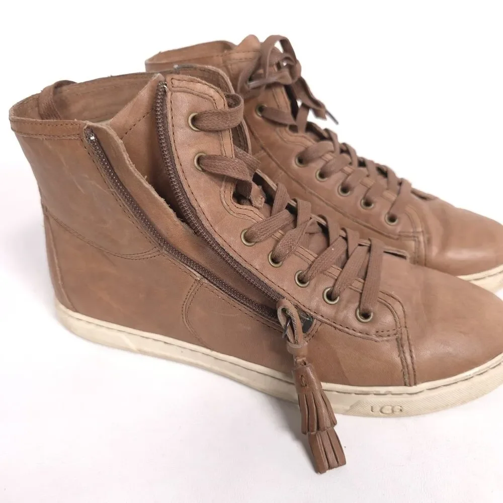 UGG Women's Sneakers 9.5 Brown‎ Leather High Top Tassel Zip Lace Up Casual